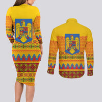 Romania Merry Christmas Couples Matching Long Sleeve Bodycon Dress and Long Sleeve Button Shirt Romania Emblem Traditional Folk Art - Polynesian Pride