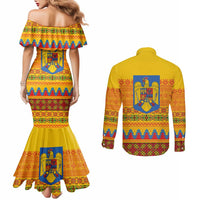 Romania Merry Christmas Couples Matching Mermaid Dress and Long Sleeve Button Shirt Romania Emblem Traditional Folk Art - Polynesian Pride
