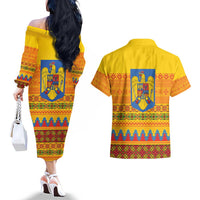 Romania Merry Christmas Couples Matching Off The Shoulder Long Sleeve Dress and Hawaiian Shirt Romania Emblem Traditional Folk Art - Polynesian Pride