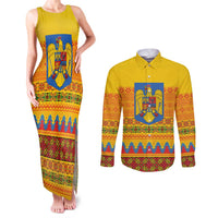 Romania Merry Christmas Couples Matching Tank Maxi Dress and Long Sleeve Button Shirt Romania Emblem Traditional Folk Art - Polynesian Pride