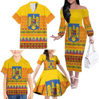 Romania Merry Christmas Family Matching Off The Shoulder Long Sleeve Dress and Hawaiian Shirt Romania Emblem Traditional Folk Art - Polynesian Pride