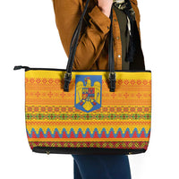 Romania Merry Christmas Leather Tote Bag Romania Emblem Traditional Folk Art - Polynesian Pride