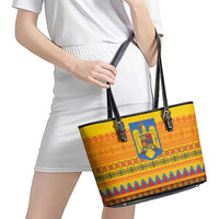 Romania Merry Christmas Leather Tote Bag Romania Emblem Traditional Folk Art - Polynesian Pride