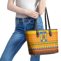 Romania Merry Christmas Leather Tote Bag Romania Emblem Traditional Folk Art - Polynesian Pride