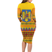 Romania Merry Christmas Long Sleeve Bodycon Dress Romania Emblem Traditional Folk Art - Polynesian Pride