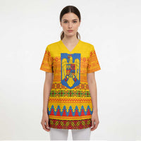 Romania Merry Christmas Scrub Top Romania Emblem Traditional Folk Art - Polynesian Pride