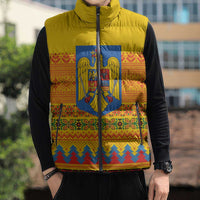 Romania Merry Christmas Sleeveless Puffer Jacket Romania Emblem Traditional Folk Art - Polynesian Pride