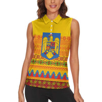 Romania Merry Christmas Women Sleeveless Polo Shirt Romania Emblem Traditional Folk Art - Polynesian Pride