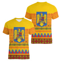 Romania Merry Christmas Women V-Neck T-Shirt Romania Emblem Traditional Folk Art - Polynesian Pride