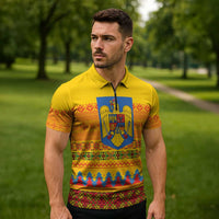 Romania Merry Christmas Zipper Polo Shirt Romania Emblem Traditional Folk Art - Polynesian Pride
