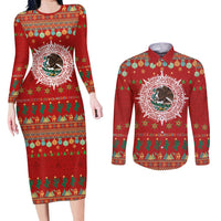Mexico Merry Christmas Couples Matching Long Sleeve Bodycon Dress and Long Sleeve Button Shirt Mexican Cultural Emblem Xmas Style - Polynesian Pride