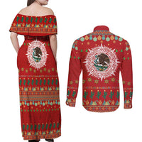 Mexico Merry Christmas Couples Matching Off Shoulder Maxi Dress and Long Sleeve Button Shirt Mexican Cultural Emblem Xmas Style - Polynesian Pride