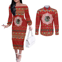 Mexico Merry Christmas Couples Matching Off The Shoulder Long Sleeve Dress and Long Sleeve Button Shirt Mexican Cultural Emblem Xmas Style - Polynesian Pride