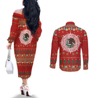 Mexico Merry Christmas Couples Matching Off The Shoulder Long Sleeve Dress and Long Sleeve Button Shirt Mexican Cultural Emblem Xmas Style - Polynesian Pride