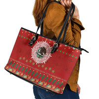 Mexico Merry Christmas Leather Tote Bag Mexican Cultural Emblem Xmas Style - Polynesian Pride