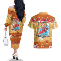 Hawaii Mele Kalikimaka Couples Matching Off The Shoulder Long Sleeve Dress and Hawaiian Shirt Funny Santa Claus Surfing on Tropical Plants - Polynesian Pride