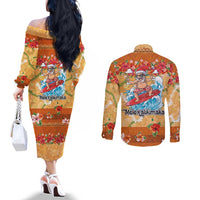 Hawaii Mele Kalikimaka Couples Matching Off The Shoulder Long Sleeve Dress and Long Sleeve Button Shirt Funny Santa Claus Surfing on Tropical Plants - Polynesian Pride