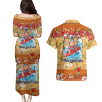 Hawaii Mele Kalikimaka Couples Matching Puletasi and Hawaiian Shirt Funny Santa Claus Surfing on Tropical Plants - Polynesian Pride