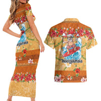 Hawaii Mele Kalikimaka Couples Matching Short Sleeve Bodycon Dress and Hawaiian Shirt Funny Santa Claus Surfing on Tropical Plants - Polynesian Pride
