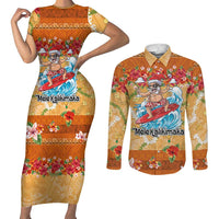 Hawaii Mele Kalikimaka Couples Matching Short Sleeve Bodycon Dress and Long Sleeve Button Shirt Funny Santa Claus Surfing on Tropical Plants - Polynesian Pride