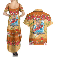 Hawaii Mele Kalikimaka Couples Matching Summer Maxi Dress and Hawaiian Shirt Funny Santa Claus Surfing on Tropical Plants - Polynesian Pride