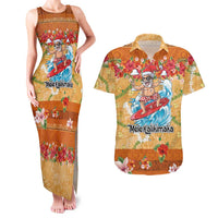 Hawaii Mele Kalikimaka Couples Matching Tank Maxi Dress and Hawaiian Shirt Funny Santa Claus Surfing on Tropical Plants - Polynesian Pride