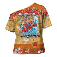 Hawaii Mele Kalikimaka Cross Shoulder Shirt Funny Santa Claus Surfing on Tropical Plants - Polynesian Pride