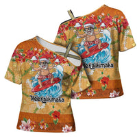 Hawaii Mele Kalikimaka Cross Shoulder Shirt Funny Santa Claus Surfing on Tropical Plants - Polynesian Pride