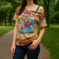 Hawaii Mele Kalikimaka Cross Shoulder Shirt Funny Santa Claus Surfing on Tropical Plants - Polynesian Pride