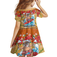 Hawaii Mele Kalikimaka Family Matching Off The Shoulder Long Sleeve Dress and Hawaiian Shirt Funny Santa Claus Surfing on Tropical Plants - Polynesian Pride