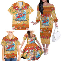 Hawaii Mele Kalikimaka Family Matching Off The Shoulder Long Sleeve Dress and Hawaiian Shirt Funny Santa Claus Surfing on Tropical Plants - Polynesian Pride