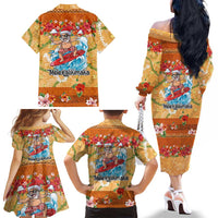 Hawaii Mele Kalikimaka Family Matching Off The Shoulder Long Sleeve Dress and Hawaiian Shirt Funny Santa Claus Surfing on Tropical Plants - Polynesian Pride