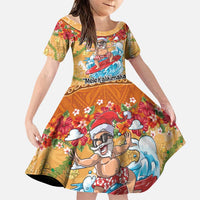 Hawaii Mele Kalikimaka Family Matching Off Shoulder Short Dress and Hawaiian Shirt Funny Santa Claus Surfing on Tropical Plants LT03 Daughter's Dress Multicolor - Polynesian Pride