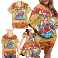 Hawaii Mele Kalikimaka Family Matching Off Shoulder Short Dress and Hawaiian Shirt Funny Santa Claus Surfing on Tropical Plants LT03 - Polynesian Pride
