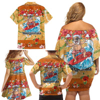 Hawaii Mele Kalikimaka Family Matching Off Shoulder Short Dress and Hawaiian Shirt Funny Santa Claus Surfing on Tropical Plants LT03 - Polynesian Pride