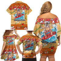 Hawaii Mele Kalikimaka Family Matching Off Shoulder Short Dress and Hawaiian Shirt Funny Santa Claus Surfing on Tropical Plants - Polynesian Pride
