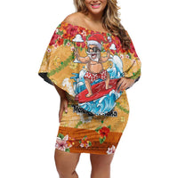 Hawaii Mele Kalikimaka Family Matching Off Shoulder Short Dress and Hawaiian Shirt Funny Santa Claus Surfing on Tropical Plants LT03 Mom's Dress Multicolor - Polynesian Pride