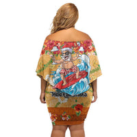 Hawaii Mele Kalikimaka Family Matching Off Shoulder Short Dress and Hawaiian Shirt Funny Santa Claus Surfing on Tropical Plants LT03 - Polynesian Pride