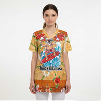 Hawaii Mele Kalikimaka Scrub Top Funny Santa Claus Surfing on Tropical Plants - Polynesian Pride