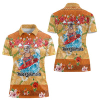 Hawaii Mele Kalikimaka Women Polo Shirt Funny Santa Claus Surfing on Tropical Plants - Polynesian Pride