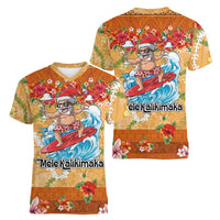 Hawaii Mele Kalikimaka Women V-Neck T-Shirt Funny Santa Claus Surfing on Tropical Plants - Polynesian Pride