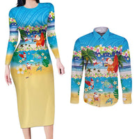 Polynesian Merry Christmas Couples Matching Long Sleeve Bodycon Dress and Long Sleeve Button Shirt Funny Santa Beach Tropical Plant and Turtle - Polynesian Pride