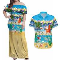 Polynesian Merry Christmas Couples Matching Off Shoulder Maxi Dress and Hawaiian Shirt Funny Santa Beach Tropical Plant and Turtle - Polynesian Pride