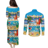 Polynesian Merry Christmas Couples Matching Puletasi and Long Sleeve Button Shirt Funny Santa Beach Tropical Plant and Turtle - Polynesian Pride