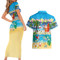 Polynesian Merry Christmas Couples Matching Short Sleeve Bodycon Dress and Hawaiian Shirt Funny Santa Beach Tropical Plant and Turtle - Polynesian Pride