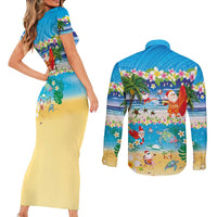 Polynesian Merry Christmas Couples Matching Short Sleeve Bodycon Dress and Long Sleeve Button Shirt Funny Santa Beach Tropical Plant and Turtle - Polynesian Pride
