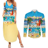 Polynesian Merry Christmas Couples Matching Summer Maxi Dress and Long Sleeve Button Shirt Funny Santa Beach Tropical Plant and Turtle - Polynesian Pride