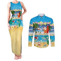 Polynesian Merry Christmas Couples Matching Tank Maxi Dress and Long Sleeve Button Shirt Funny Santa Beach Tropical Plant and Turtle - Polynesian Pride