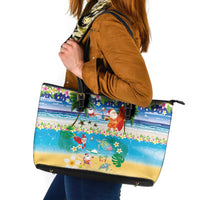Polynesian Merry Christmas Leather Tote Bag Funny Santa Beach Tropical Plant and Turtle - Polynesian Pride