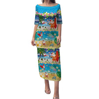 Polynesian Merry Christmas Puletasi Funny Santa Beach Tropical Plant and Turtle LT03 Long Dress Multicolor - Polynesian Pride